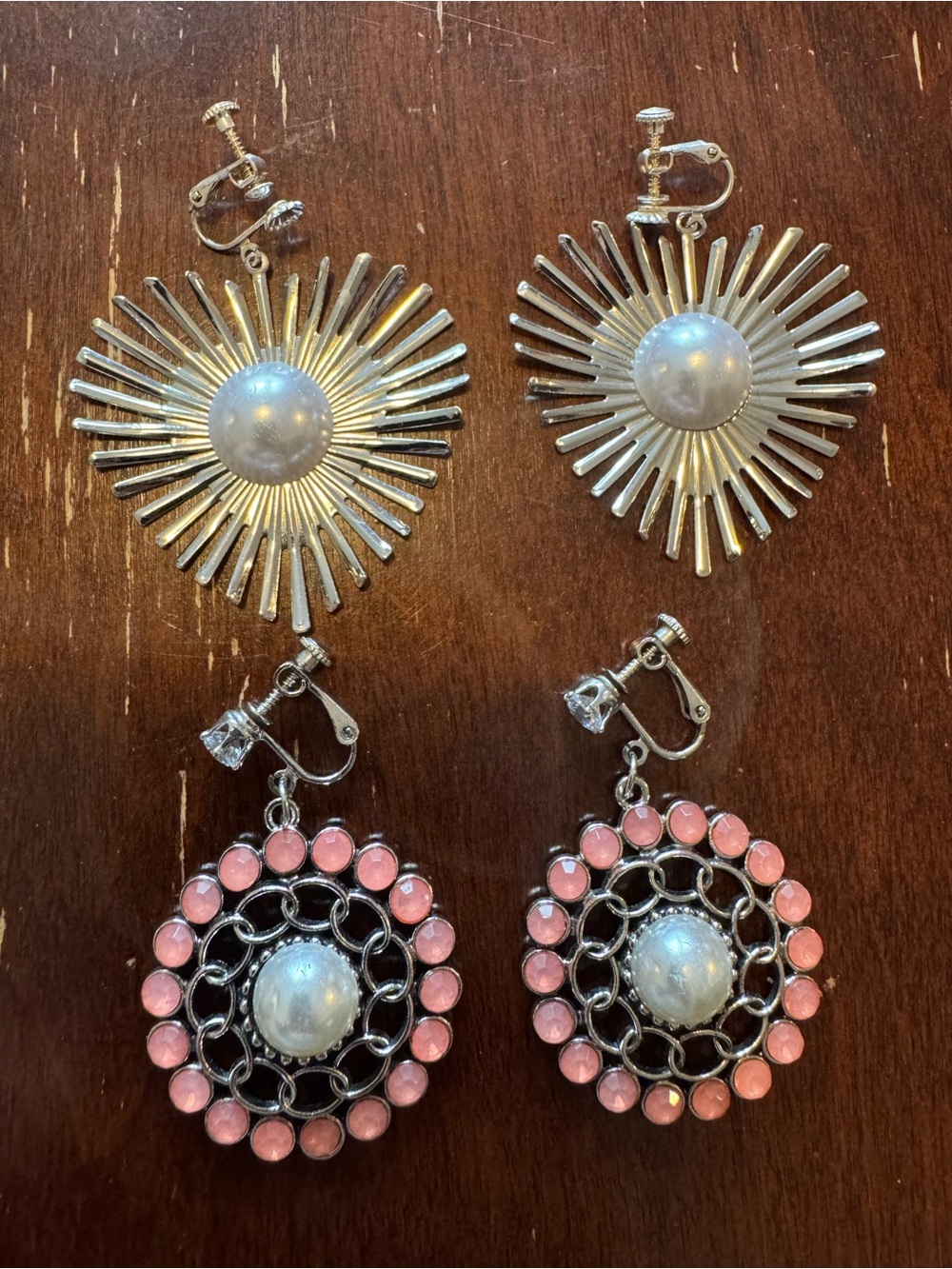 Silver Tone and Pink Drop Screw-Back Earrings with Faux Pearl - 2 Pairs